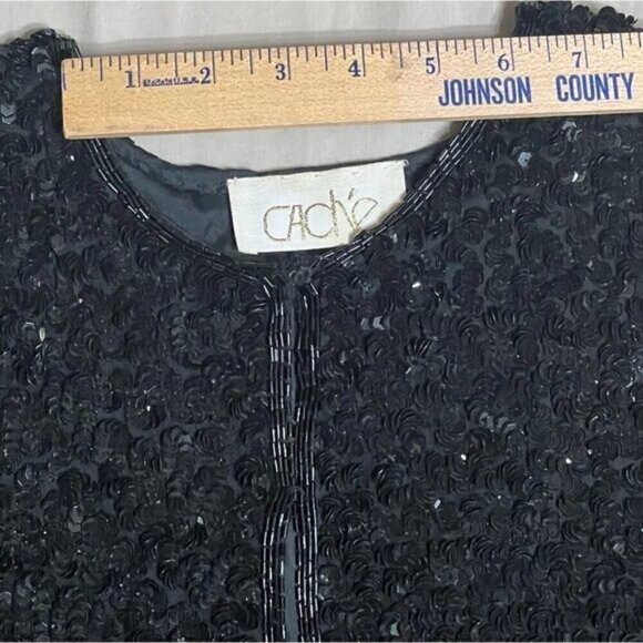 Cache Vintage Silk Black Sequin Textured Cardigan Jacket Women's Medium Formal - Picture 5 of 12
